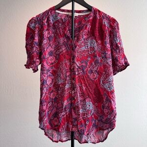 Mason & Belle Vibrant Paisley Blouse Smocked Sleeves, V Neck, Size‎ Small
